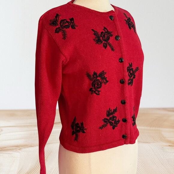 Vintage Lise J Cardigan Sweater Sz S Cardinal Red Black Embroidery and Beading - Picture 3 of 9
